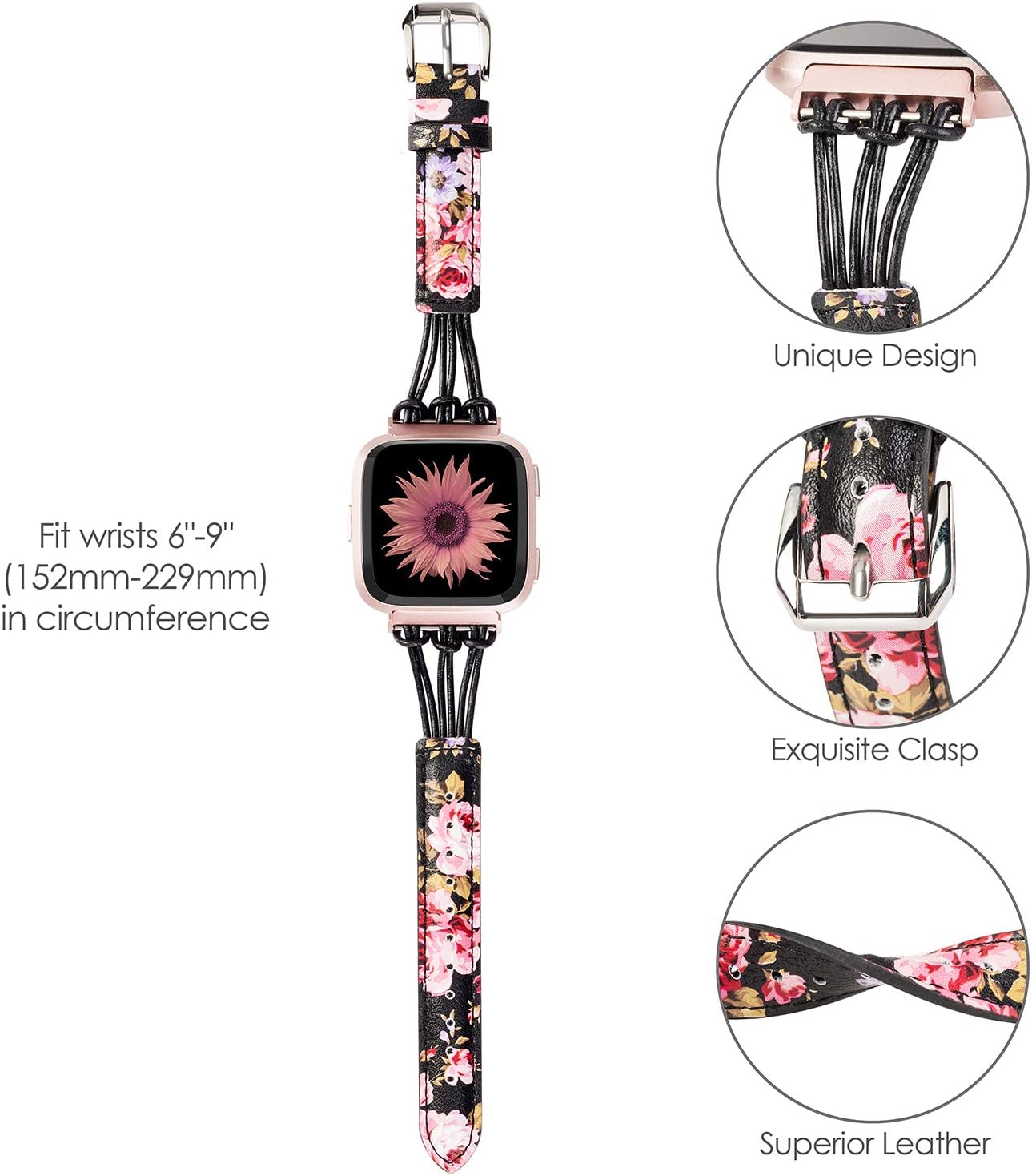 TOYOUTHS Leather Strap Compatible with Fitbit Versa/Versa 2/Versa Lite Bands Women Men Rose Gold Slim Premium Handmade Replacement Versa Special Edition Fitness Wristband Bracelet Accessories