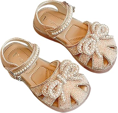 Kids Baby Summer Girls Sparkingly Sandals Closed Toe Pearl Glitter Diamond Crystal Bow Princess Cute High Heels Shoes