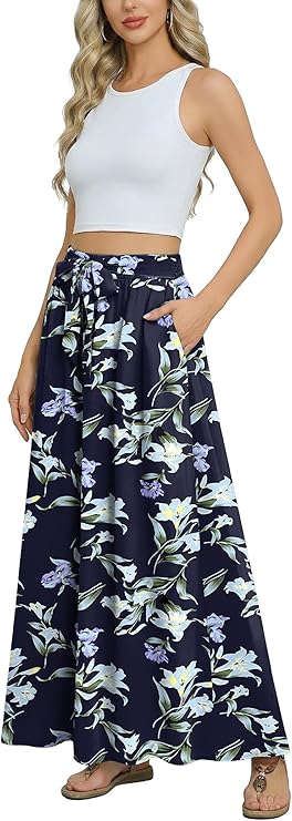 Askyes Womens Maxi Skirt Summer Trendy Tie Knot Elastic High Waisted Boho Casual Beach Flowy Swing Long Skirts with Pockets
