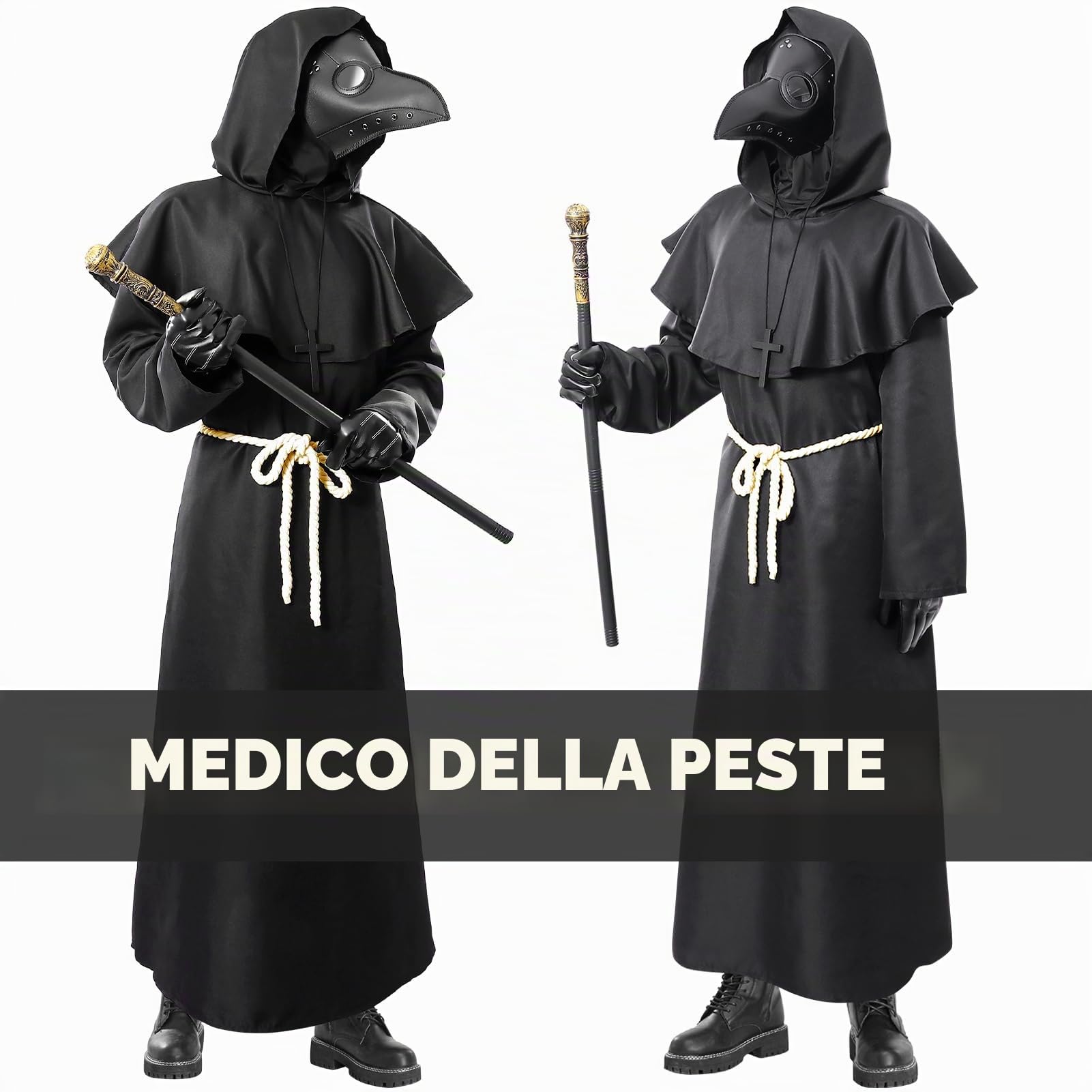 Medico della Peste Costume, Dottore Della Peste Costume Bambino Adulto Set con Mantello Maschera Cappello Accessori Plague Doctor Cosplay per Halloween Carnevale