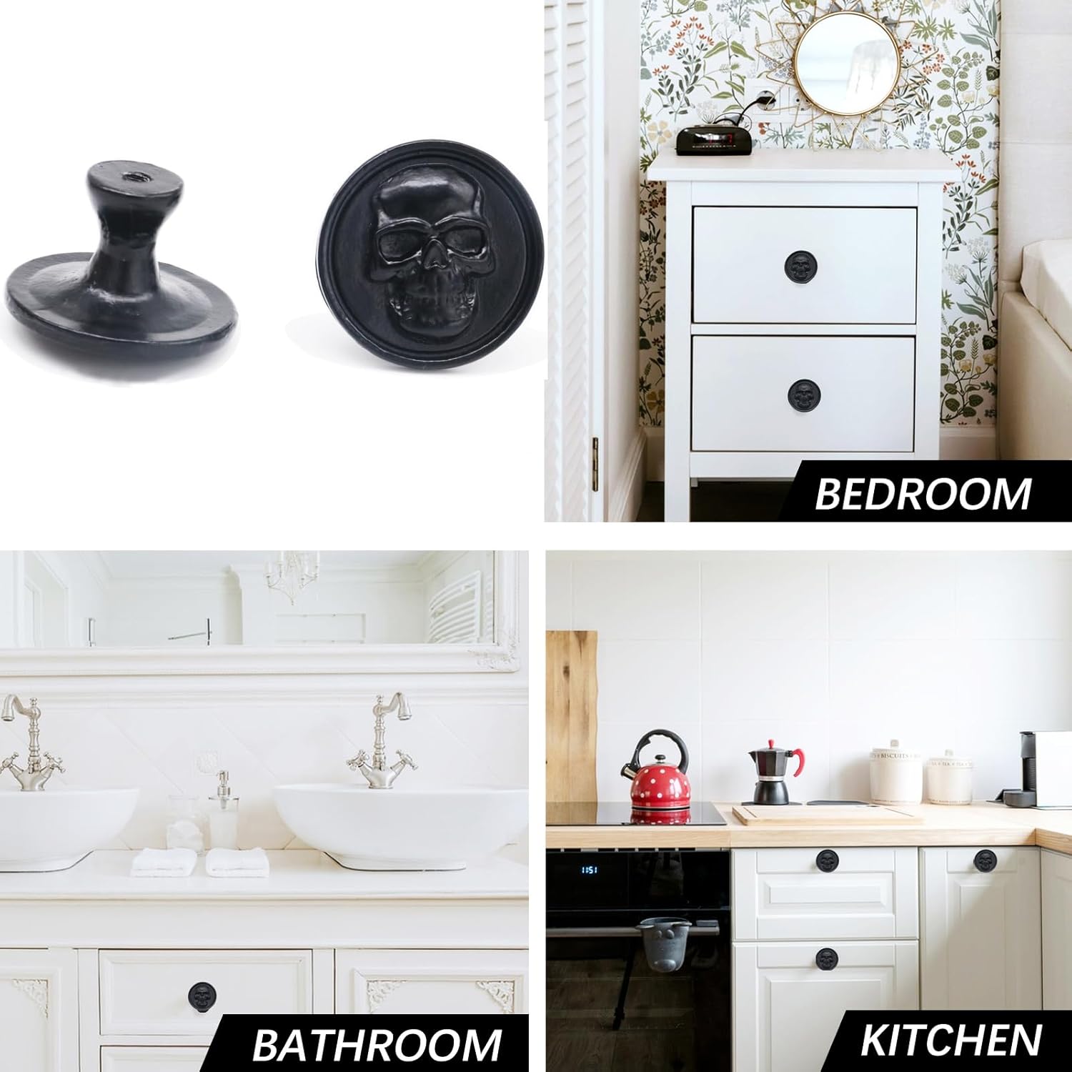 5 Pack Black Zinc Skull Skeleton Cabinet Knobs, Drawer Pulls & Door Handles, Vintage Single Hole Cabinets Knobs for Drawer Wardrobes Bookcases Dresser Closets Hardware Furniture Decoration