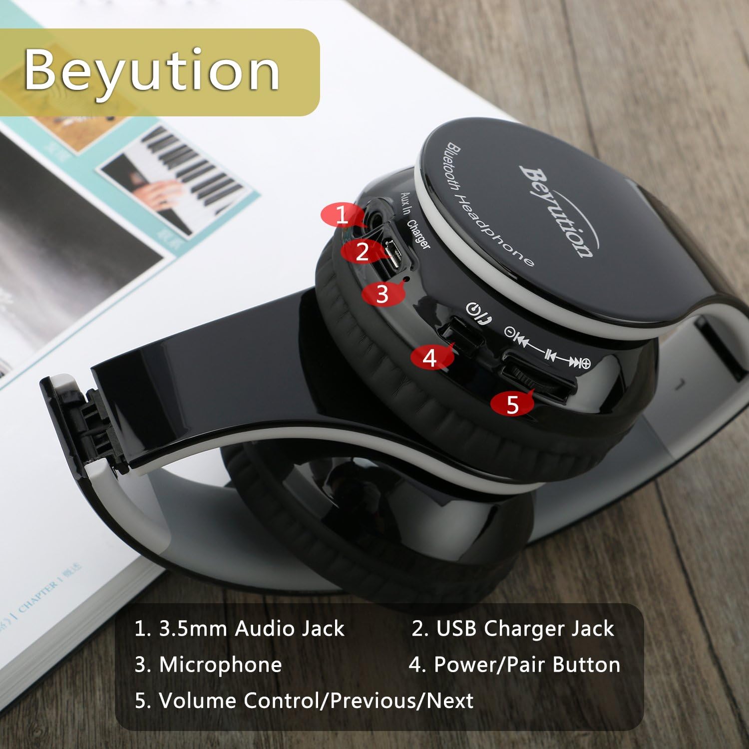 Beyution Over Ear Wireless Cellphone Headset, Bluetooth Version 4.1 Stereo HiFi Sound Quality Wired Headphones with 3.5mm Audio Cable Connection for PC Tablet Laptop Smartphones (BT513-BK)