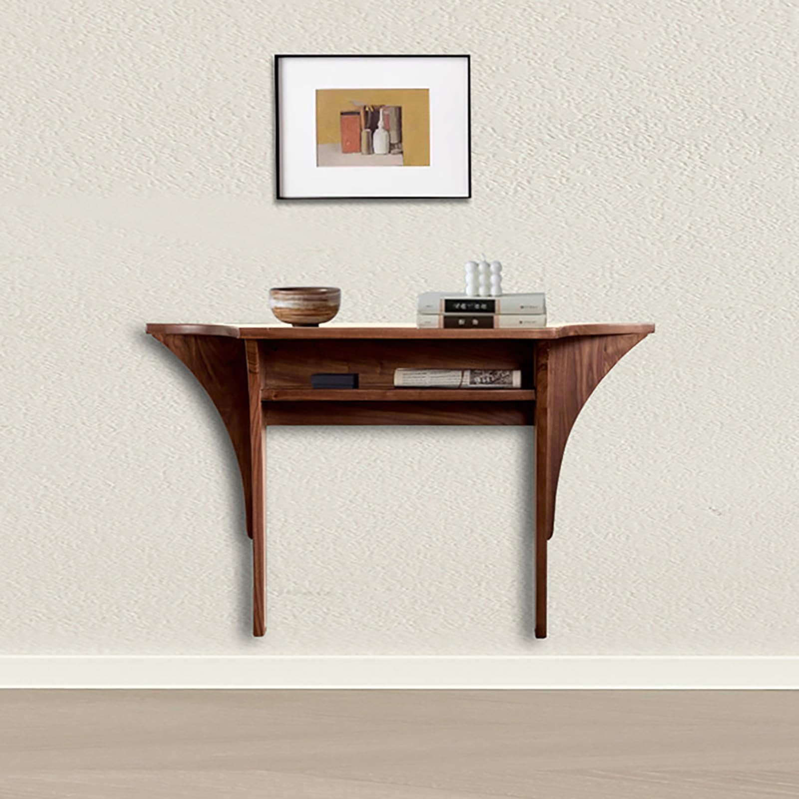Mesa consola de entrada de madera maciza y soporte de TV de pared de 2 niveles