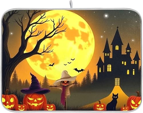 Kcldeci Tapete de secado de platos Happy Halloween de 16 x 18 pulgadas, castillo espantapájaros, calabazas, otoño, almohadilla de secado de platos,