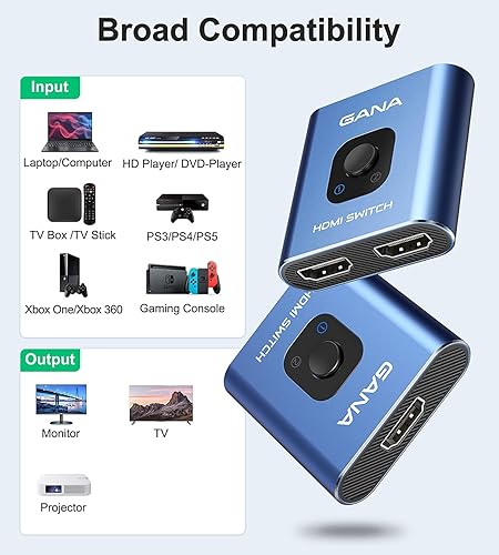 Miniatura 2 de GANA - Conmutador HDMI de aluminio bidireccional, con capacidad de 4k a 60 hercios y salida divisora de 2 en 1, hub HDMI HD manual apto para Xbox,