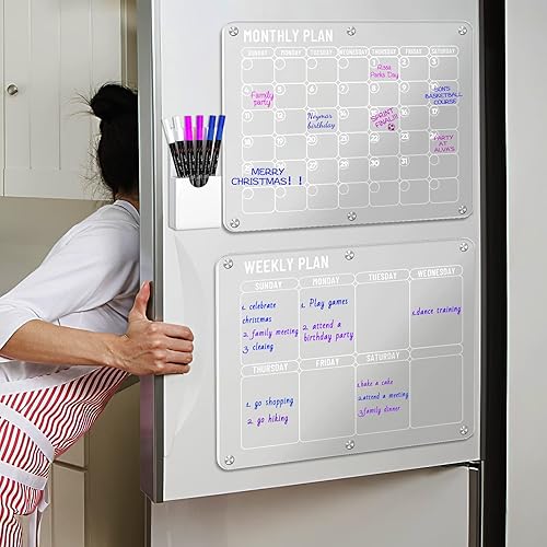 Miniatura 2 de Juego de 2 calendarios magnéticos acrílicos de borrado en seco para nevera calendario de borrado en seco transparente de 16 x 12 pulgadas para