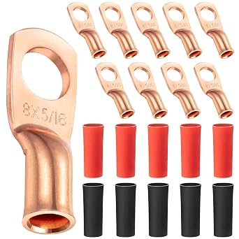 Maxdot 10 Pack UL Test Wire Lugs 8 Gauge Stud Ring Terminals Heavy Duty Copper Crimp Lugs Welding Cable Bare Copper Eyelet Lug with Heat Shrink Black, Red8 AWG 5/16 Ring