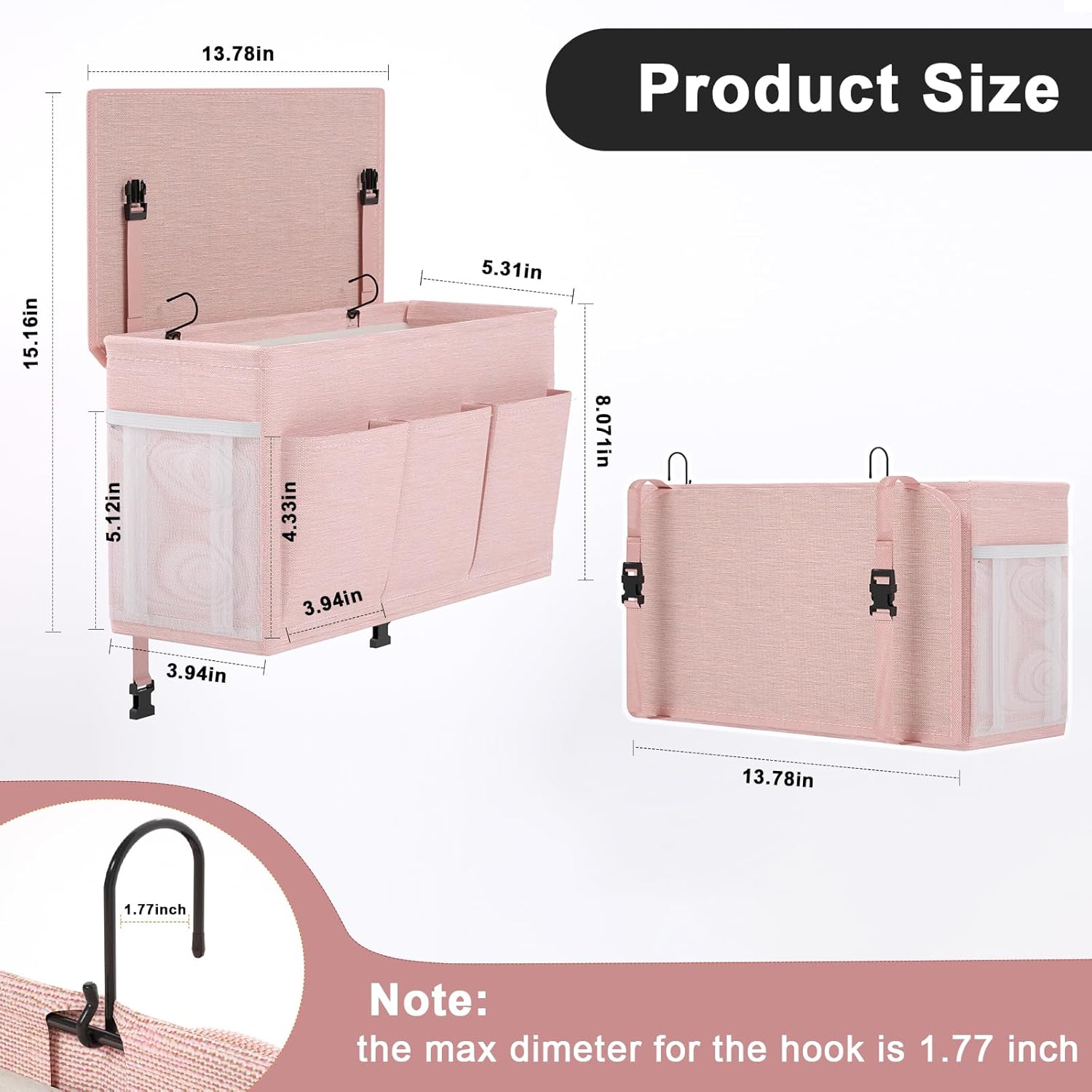 Dual-purpose Bedside Caddy Bedside Organizer, Bed Caddy with 6 Pockets, Versatile Bedside Storage Solution Magazine Remotes holder, ideal for Home, Dorm, Hospital, Crib Bed (Pink) - Image 2