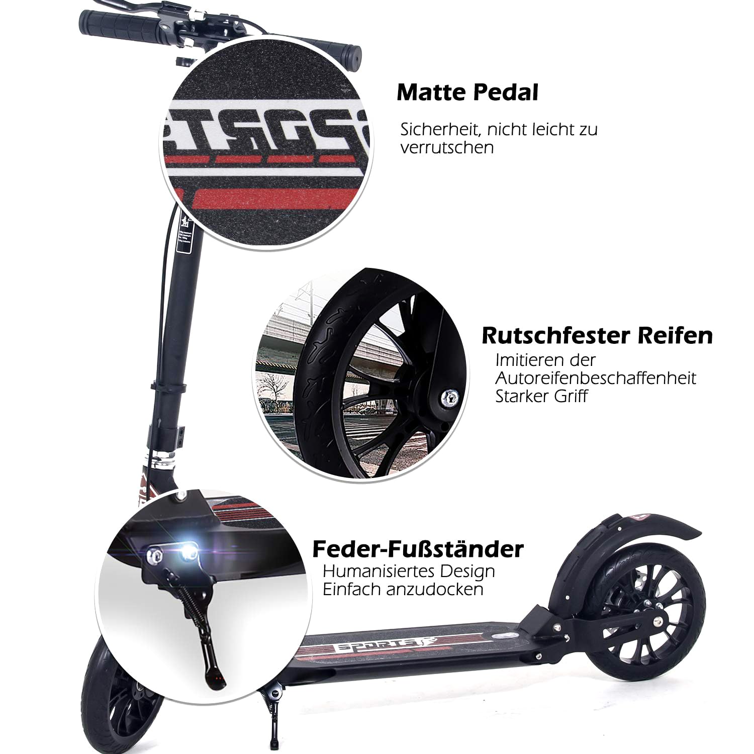 ISE Roller 200mm Big Wheel Scooter mit Doppelbremse & Federung - Klappbarer Cityroller für Erwachsene & Kinder Höhenverstellbarer Tretroller bis 100kg, inkl. Tragegurt & Handbremse