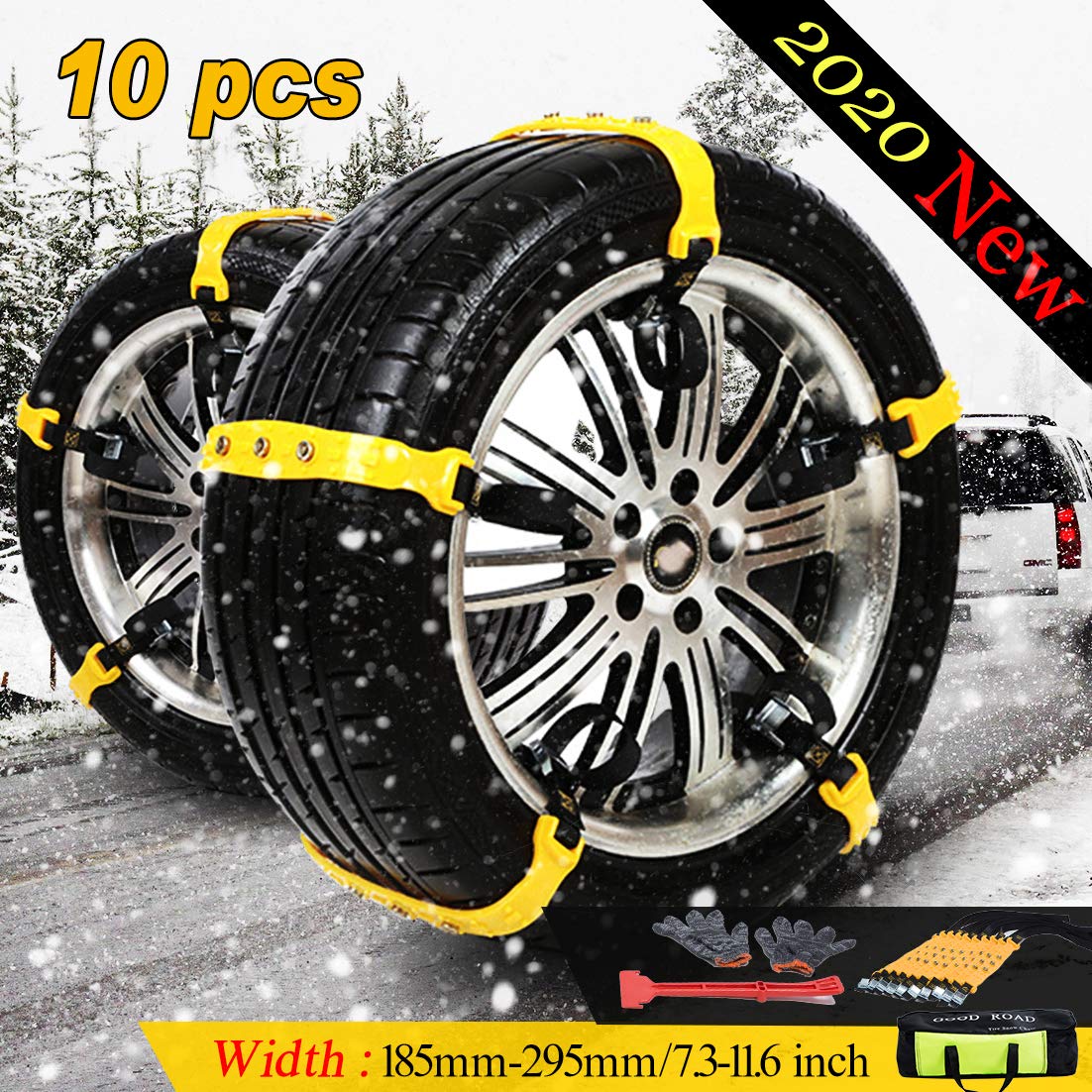 Snow Chains Anti Slip Tire Chains Adjustable Tyre Emergency Safety Chains Portable Winter Anti-Skid Chains Fit for Width185mm-295mm Most Car SUV Trucks 10Pcs