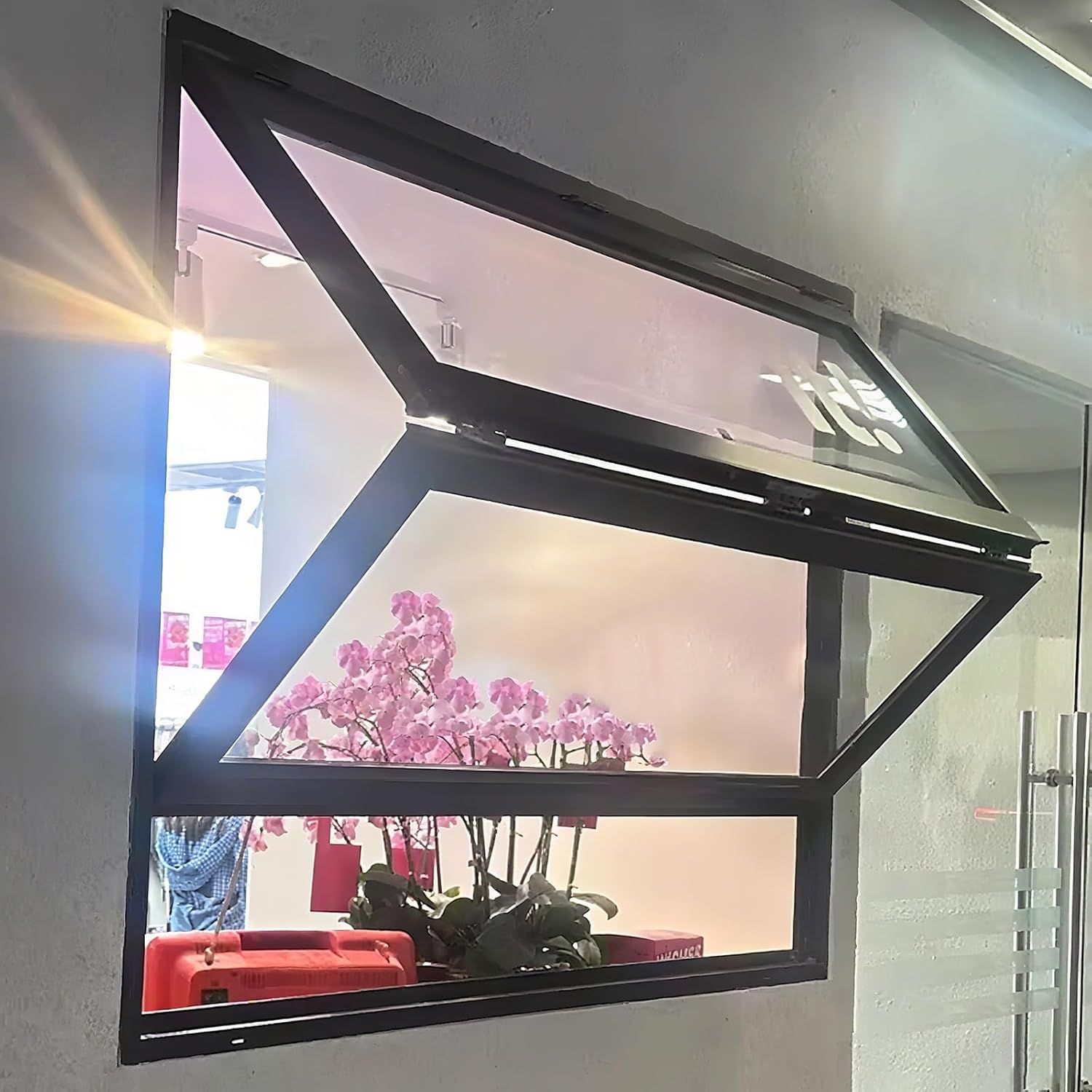 Folding Concession Serving Window with Tempered Glass & Lock, Custom Vertical Sliding Double Hung Aluminum Frame Window, for Coffee Shop, Kitchen(Black,90x80cm/35.4x31.5in)