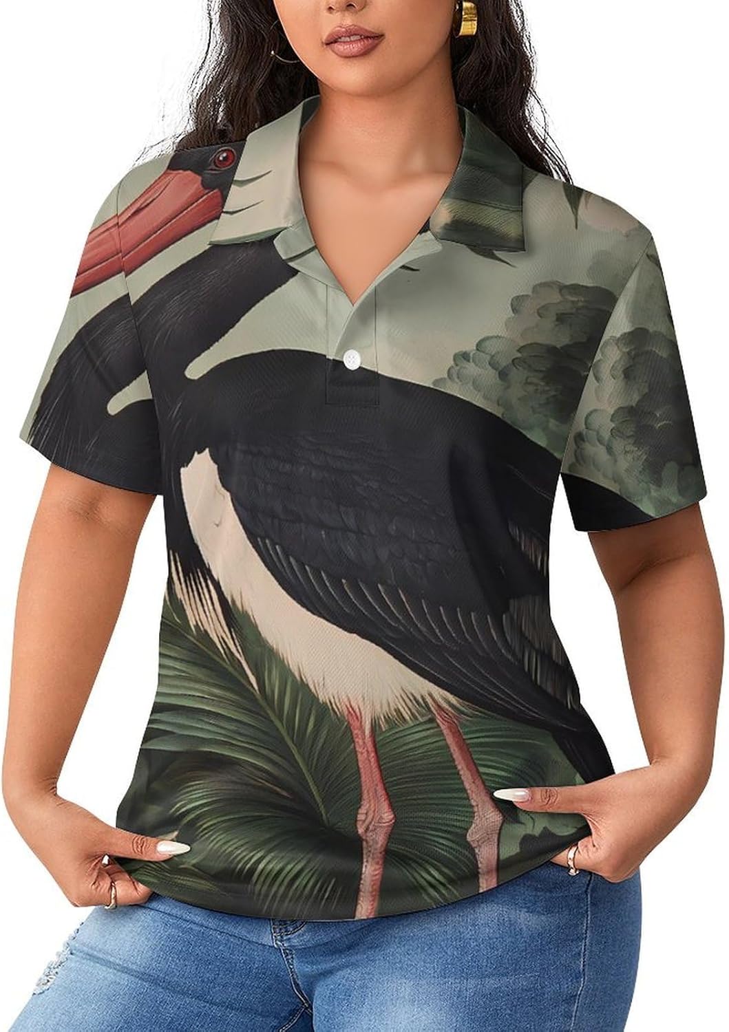 Stork On Black Womens Golf Polo Shirts Summer Short Sleeve Collared 3 Buttons T Shirt Activewear Tops