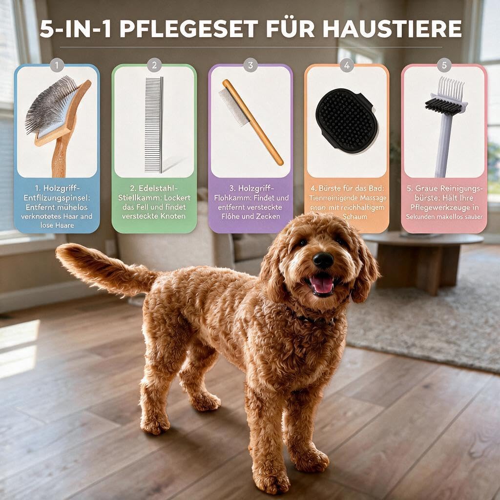 5-teiliges Hundepflege-Set – Große Slicker-Bürste mit langen Stiften für Doodles, Goldendoodles & Pudel – Hundebürste für lockiges Fell, Entfernt Verfilzungen & Knoten, Holzgriff – Holz