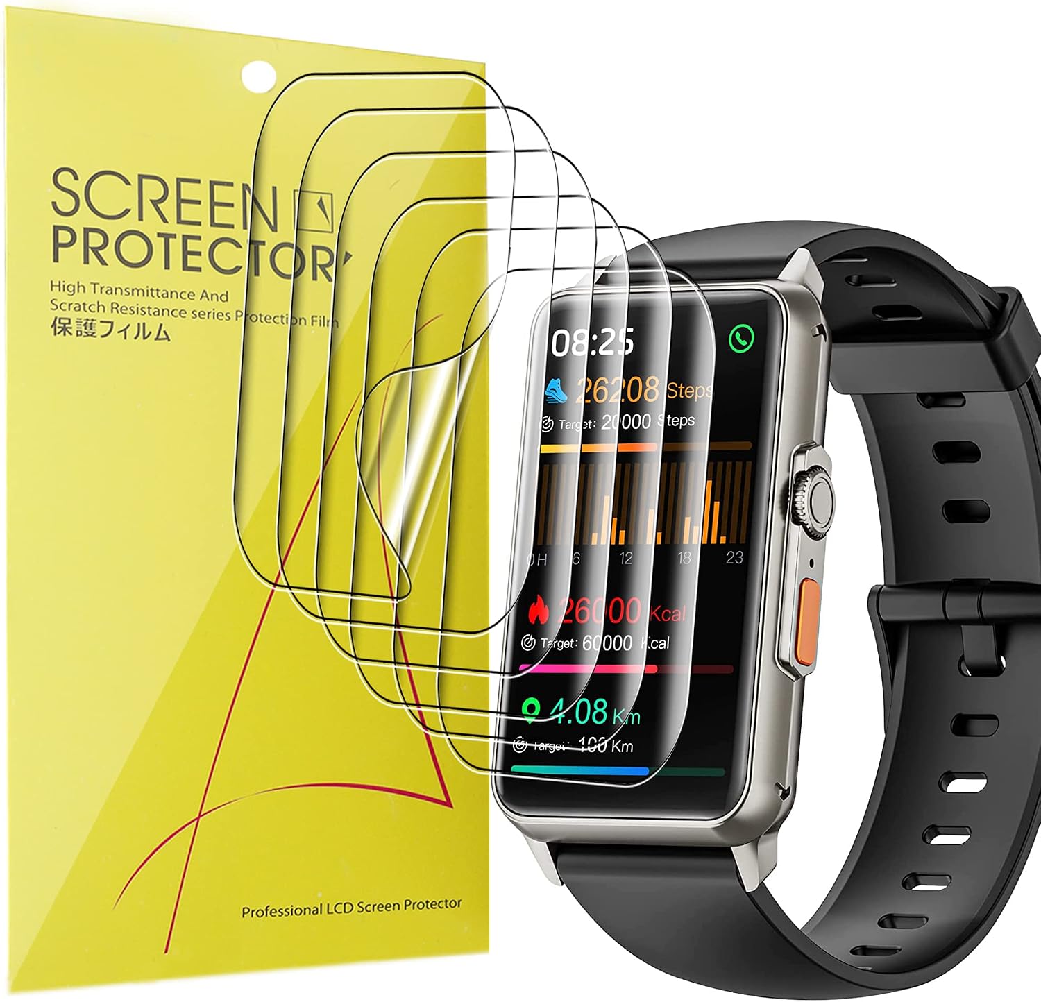 Lamshaw Smart Watch Screen Protector packaging and a smartwatch with the protector applied.