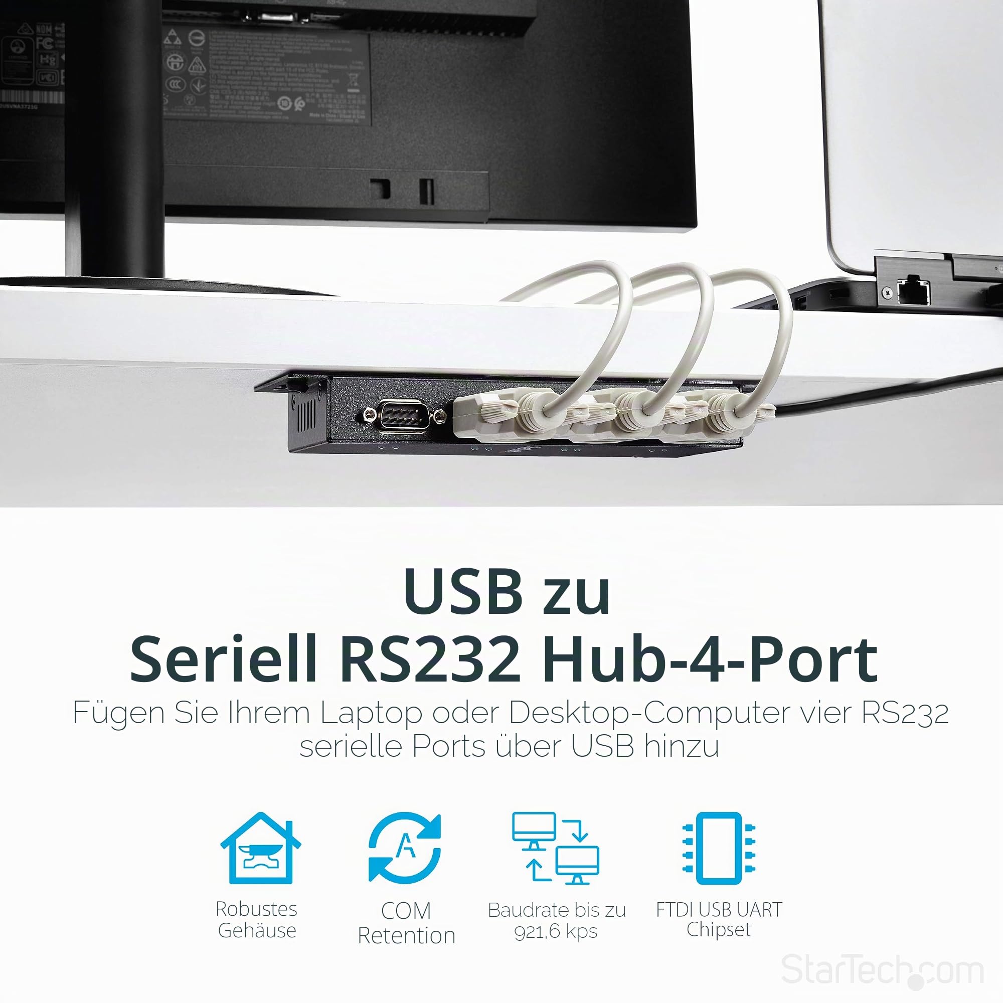 Starttech.Com ICUSB2324I Seriell Adapter (USB 2.0 auf DB-9) | Serieller Konverter mit robustem Gehäuse, COM-Beibehaltung nach Reboot, bis 921, 6 Kbit/s, DIN-Schienen-Clips