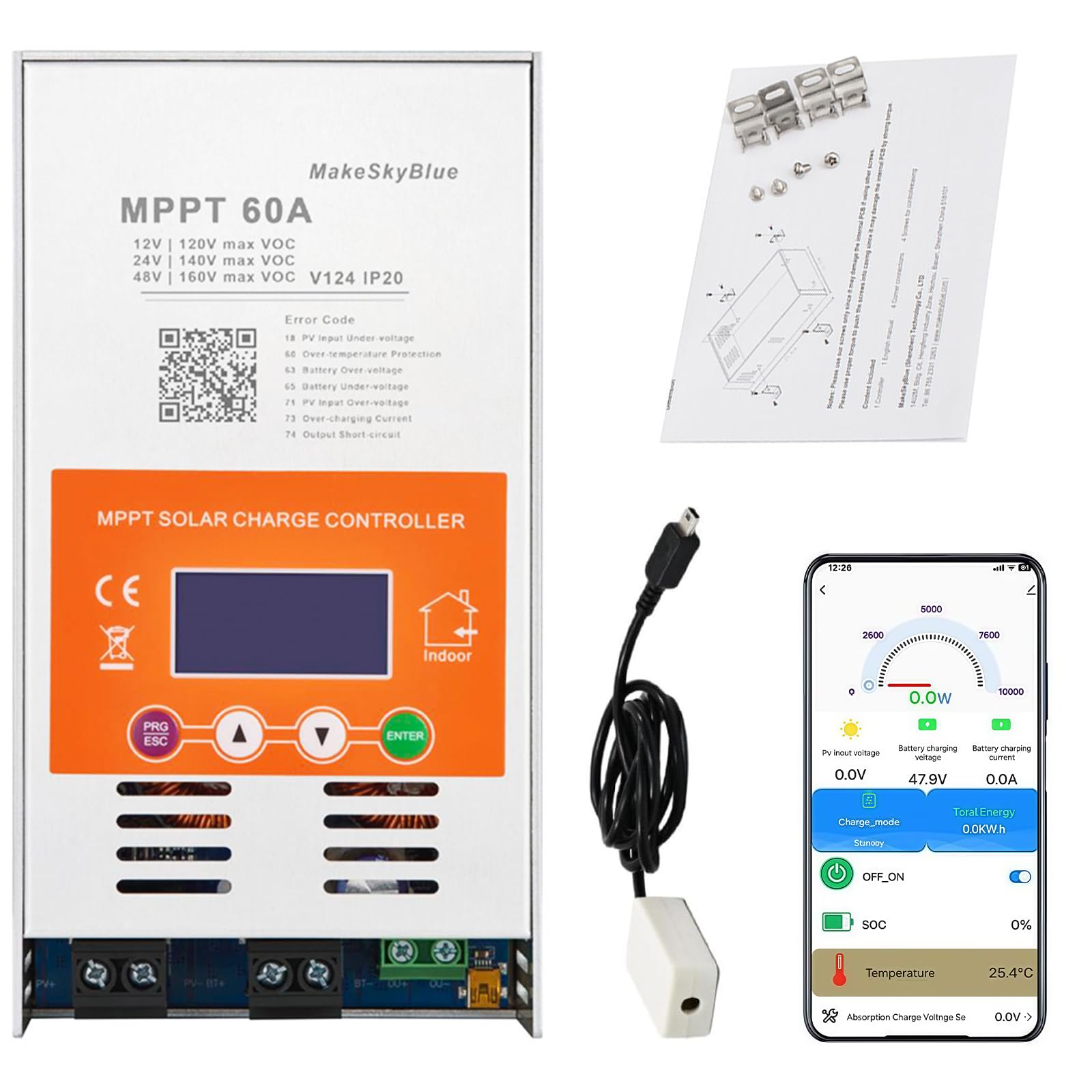 Regolatore di carica solare MPPT da 60 A (WiFi) con display LCD, supporta il controllo tramite APP, max. 2800 W di potenza PV, regolatore di carica MPPT per batterie da 12 V, 24 V e 48 V