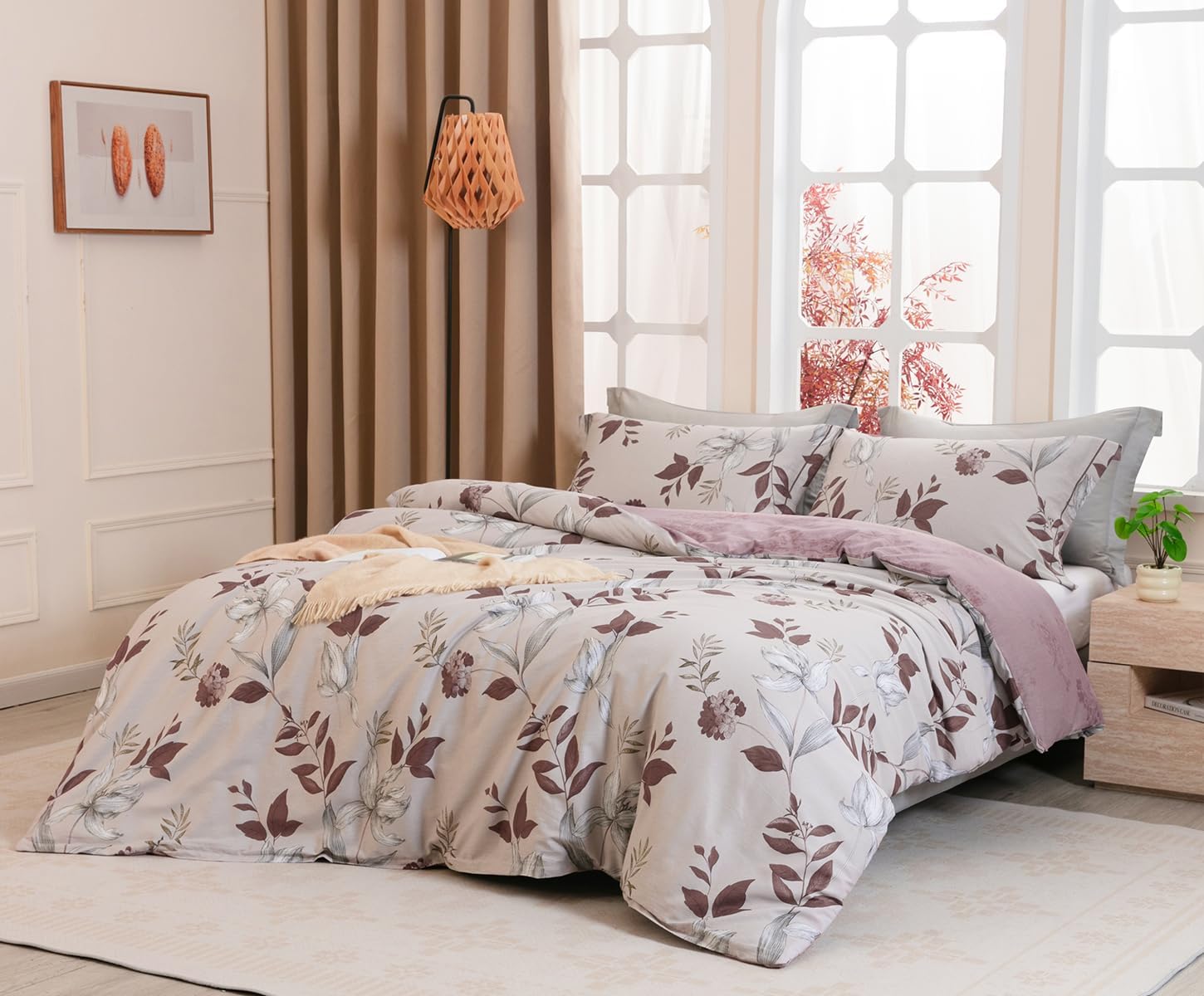 SLEEPBELLA Comforter King Size, 600 Thread Count Cotton Burgundy Botanical with Grey Floral Pattern Pink Reversible Comforter Set,Down Alternative Bedding Set 3Pcs(King, Burgundy Botanical) King Burgundy Botanical