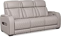Boyington Power Reclining Sofa by Ashley: Leather Match, USB Ports, LED Lights, Adjustable Headrest, Light Gray