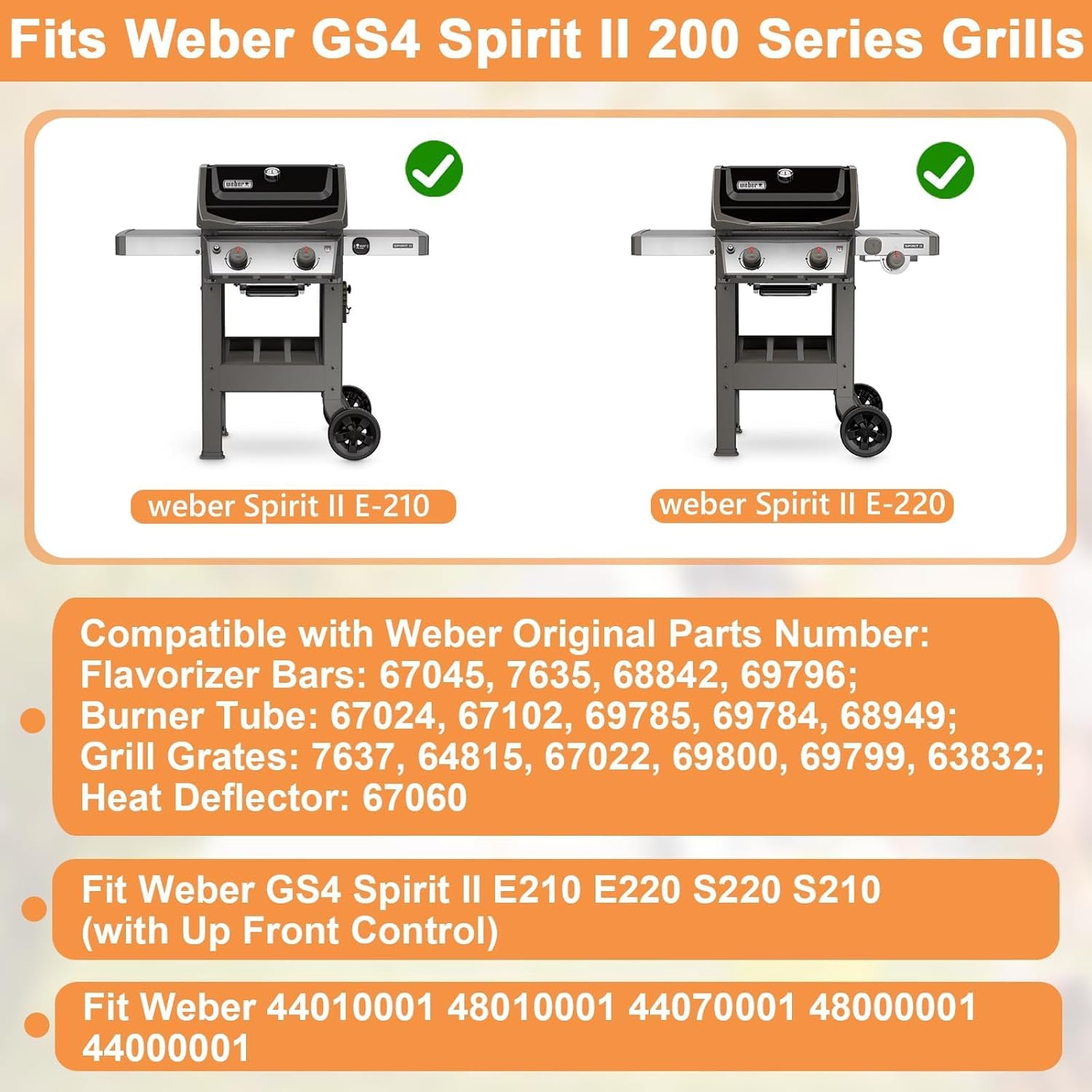 GS4 Spirit II Grill Parts for Weber Spirit 2 Parts Spirit II 200 SER Replacement Parts for Weber GS4 Spirit 2 Flavorizer Bars 7635 67045 68842, Burners 69785 67024, Heat Deflector 67060, 7637 Grates