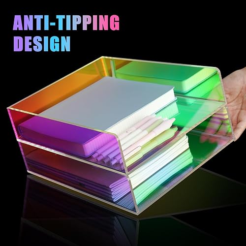 Miniatura 7 de NiOffice Bandeja de letras de acrílico iridiscente de 2 niveles, organizador de papel de escritorio apilable para retratos con barras inferiores,