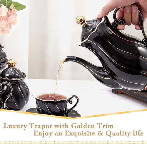 Miniatura 2 de DUJUST Tetera de porcelana de estilo británico (40 onzas), tetera de cerámica de lujo con borde dorado, tetera negra de grado alimenticio con filtro