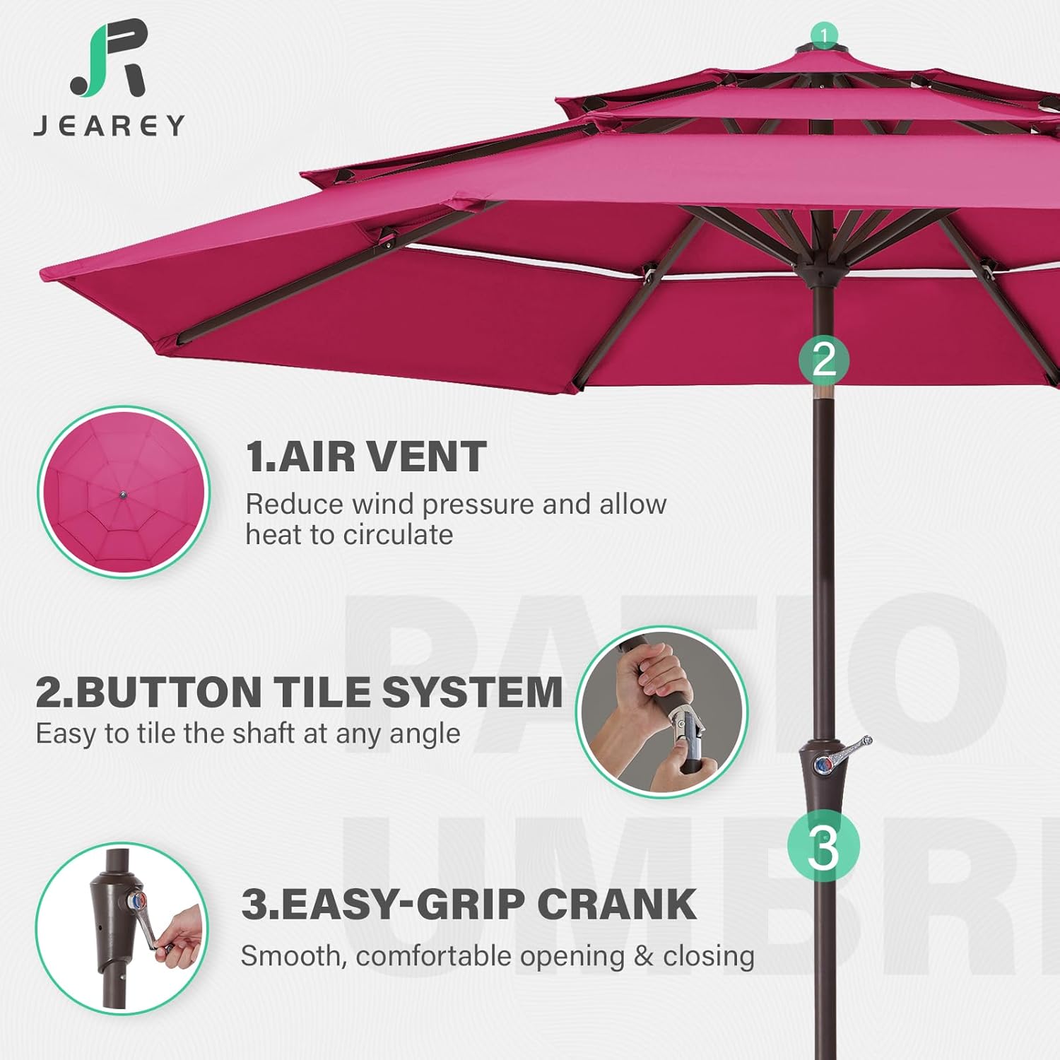JEAREY 9FT 3 Tier Patio Umbrella Outdoor Market Umbrella Table Umbrellas with 8 Ribs 1.5 Pole Push Button Tilt and Crank UV Protection for Garden,Backyard,Pink