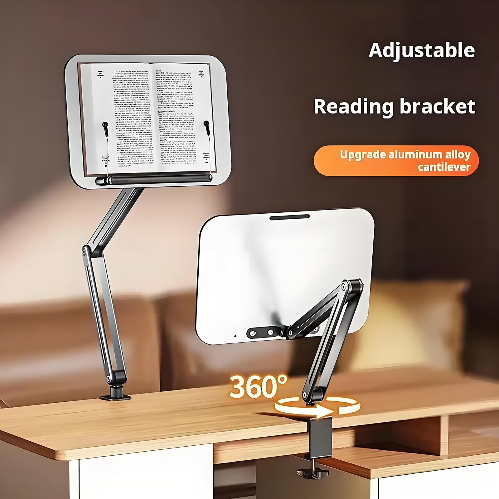 Supporto per libri regolabile in plastica, con base girevole a 360°, supporto pieghevole per ricette con morsetto a C, compatibile con dispositivi da 27,9 a 40,6 cm, per casa e ufficio