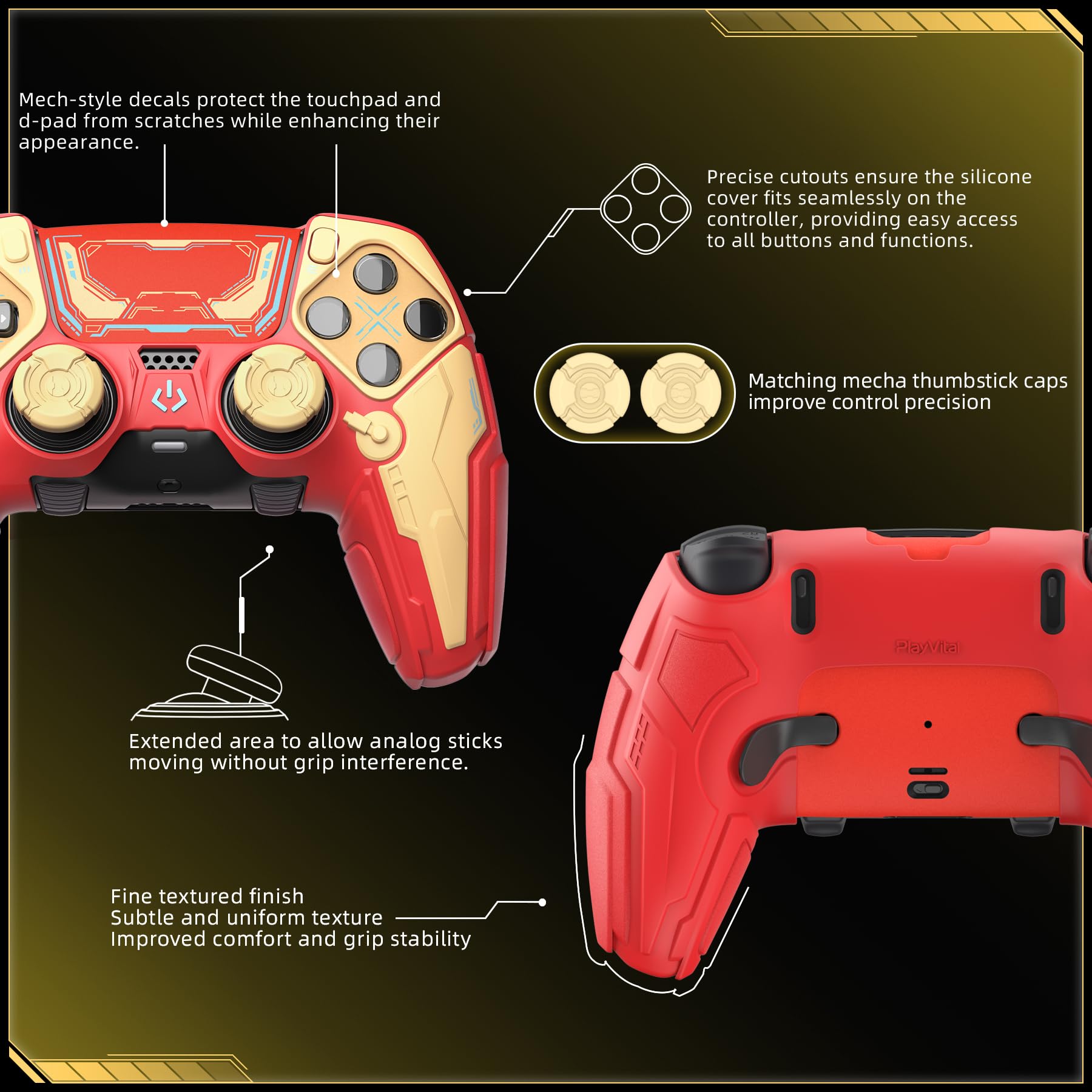 PlayVital Funda de Silicona para ps5 Edge Mando - Carcasa Protectora Antideslizante con Tapas para Joystick y Pegatinas Decorativas - Stellar Mecha (Rojo Carmesí & Amarillo Hierro) - 4