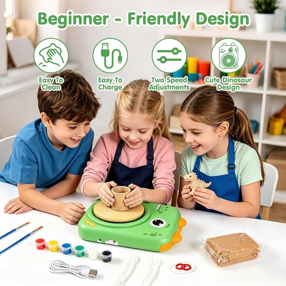 Elektrische mit Dinosaurier-Motiv für Kinder: Komplettes Töpfer-Malset mit Ton, Bastelmaterialien und Spielzeug zum Thema Trockenton