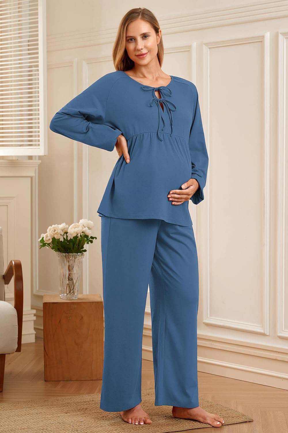 OUGES Womens Cotton Blend Maternity Pajama Sets Tie Front Loungewear Pregnancy Sleepwear Top & Long Pants with Pockets - Image 5