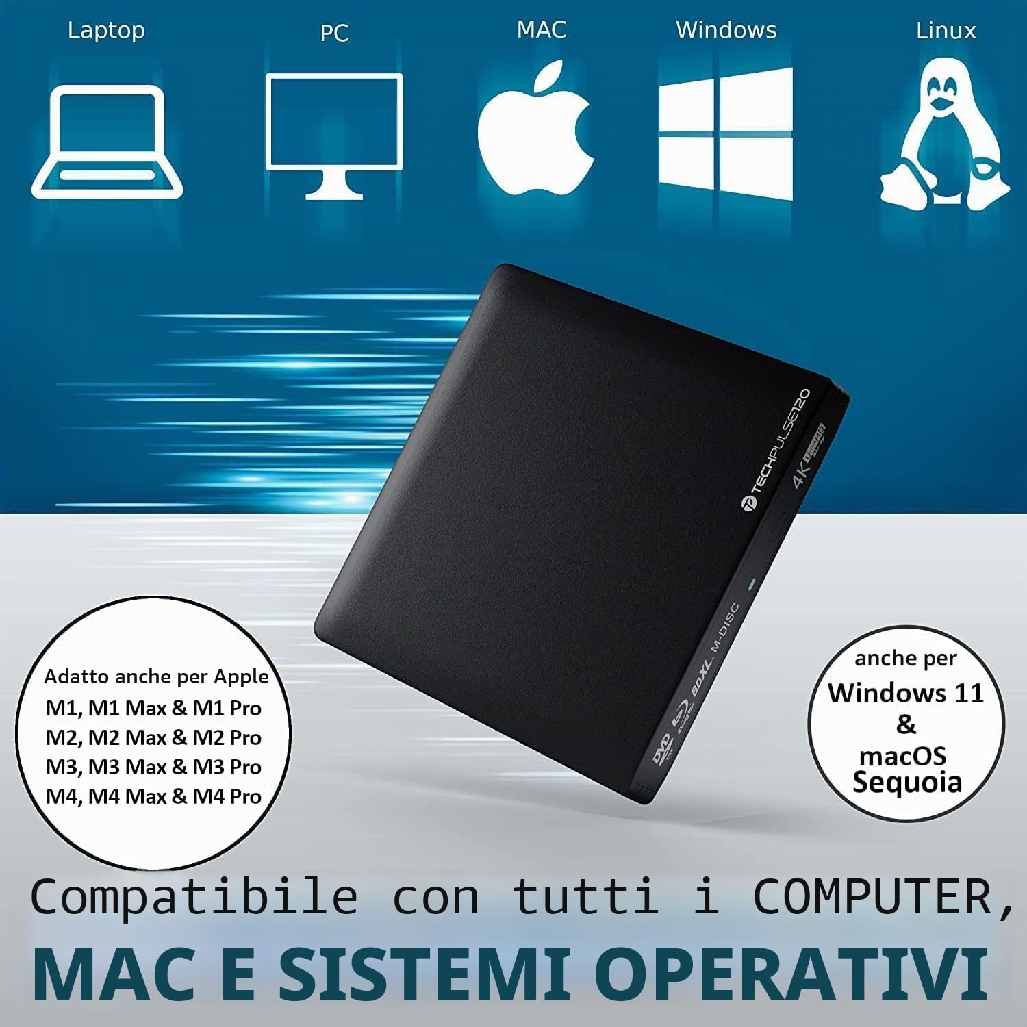 techPulse120 Masterizzatore esterno UltraHD UHD 4k 3D M-DISC BDXL HDR10 100GB USB 3.0 & USB-C, masterizzatore Burner Superdrive UltraSlim BD DVD CD CD Ultra Pack custodia 90cm cavo alluminio nero
