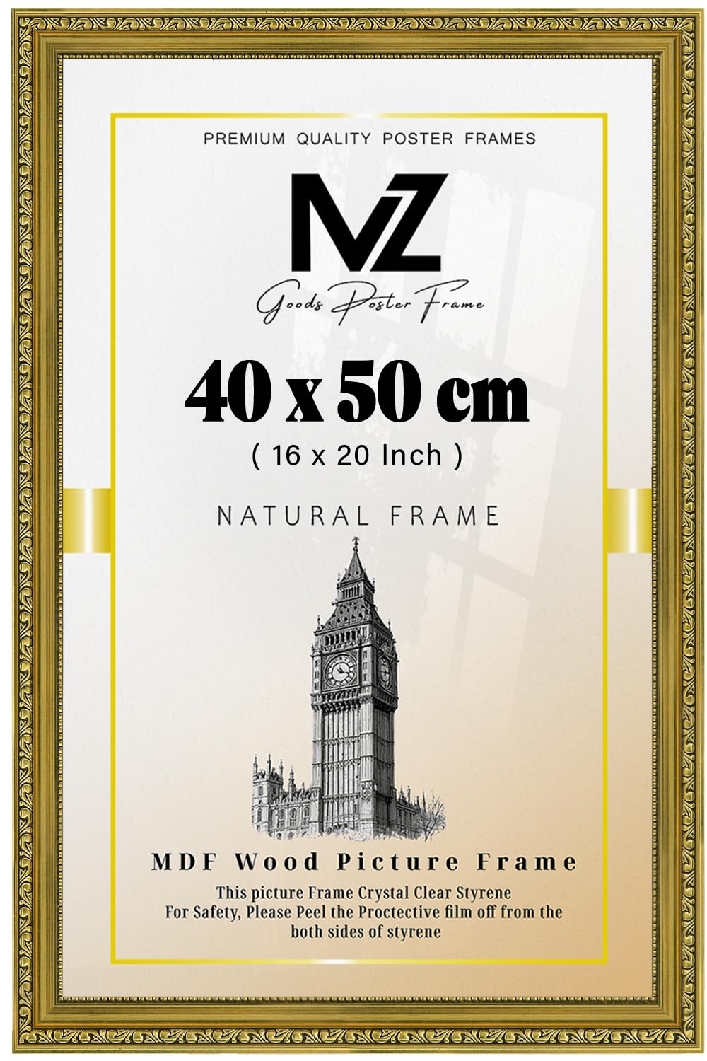 MZ Goods - Elegant Rectangle Poster/Picture (40 x 50 CM) a Solid Polcore Finish | Hanging Hooks Both Portrait/Landscape Display 16 x 20 Inch [ Gold ]
