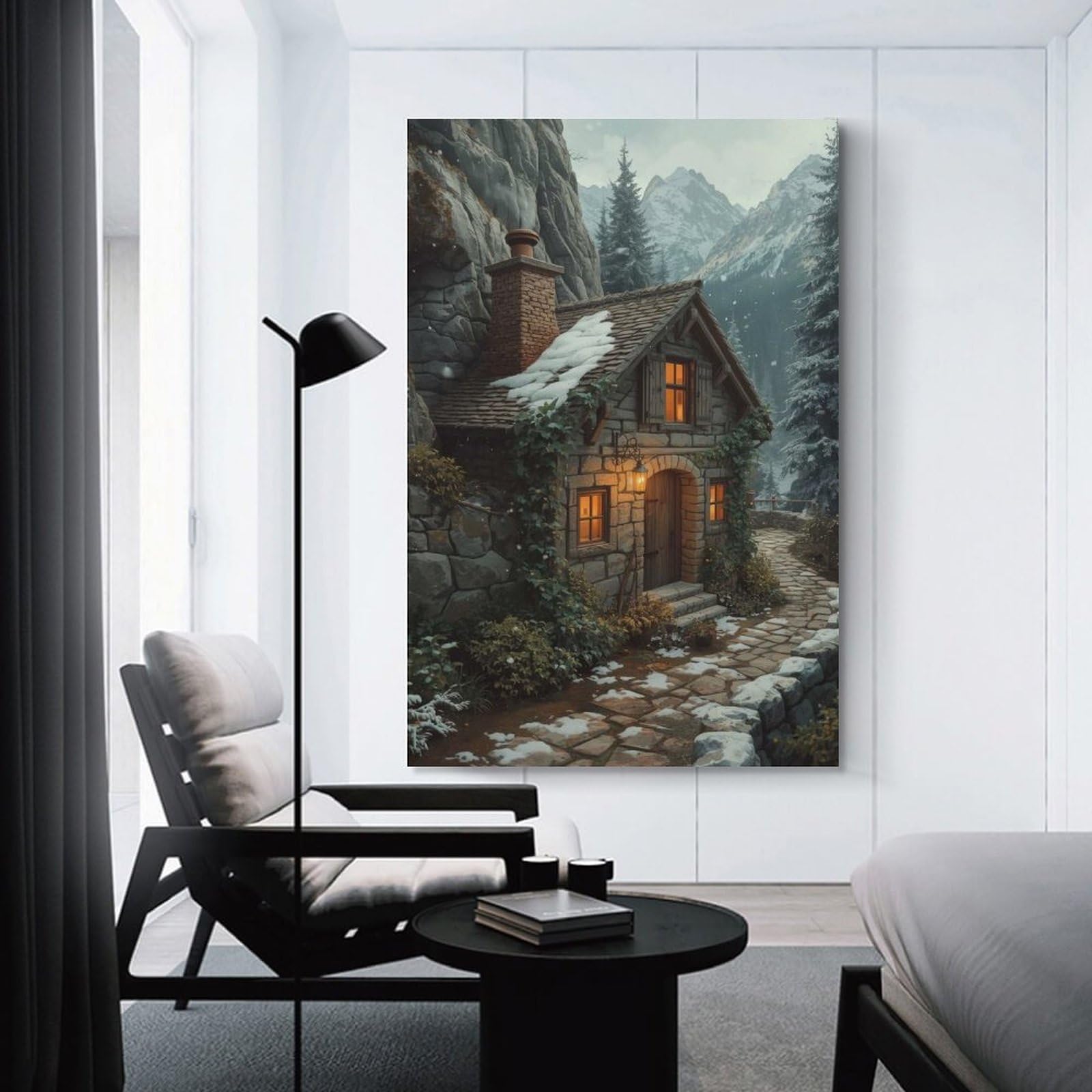Junmoney Unframe-Style-9 Wall Picture Print Cozy Stone Cabin In Snowy Mountains, 20X30inch(50X75cm), For Entrance Walls, Hall Decor Or Foyers, Home Artwork For First Impressions