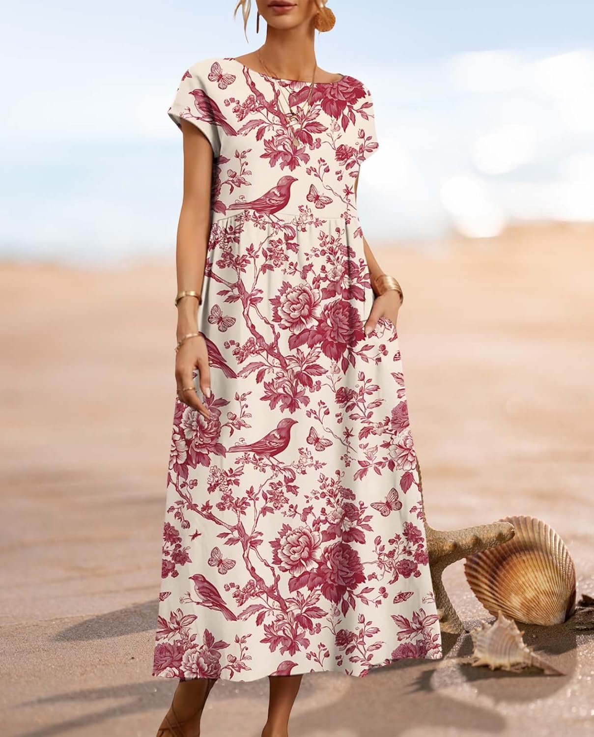 Womens Cotton Linen Maxi Dresses 2025 Summer Floral Print Short Sleeve Crewneck Beach Vacation Sundress with Pocket