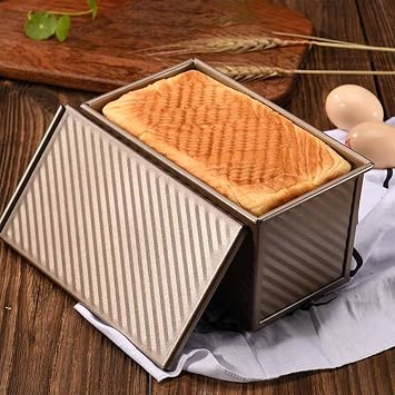 Pullman Loaf Pan with Lid, 1 lb Dough Capacity Non-Stick Bakeware for Baking Bread, Carbon Steel Corrugated Bread Toast Box Mold with Cover for Baking Bread, Gold