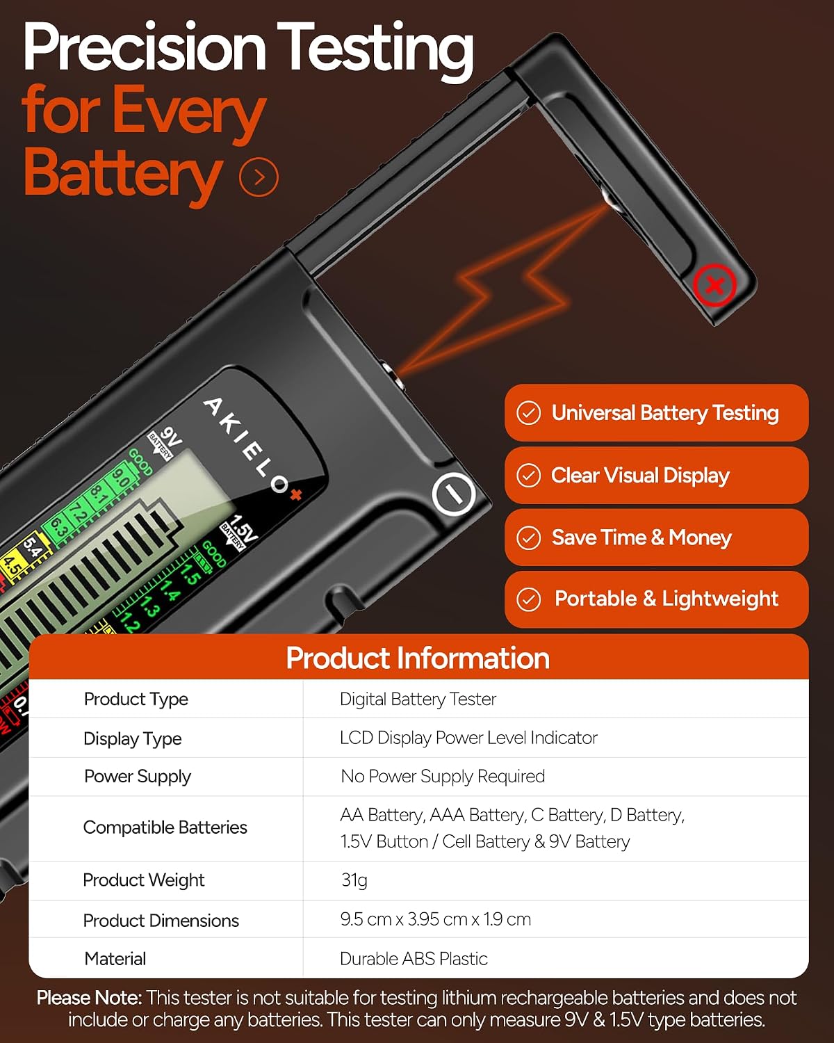 AKIELO+ Digital Battery Tester – Easy Read LCD Display – No Battery Required – Universal Household Battery Checker for Size AA AAA C D 9V 1.5 Cell (Batteries Not Included)