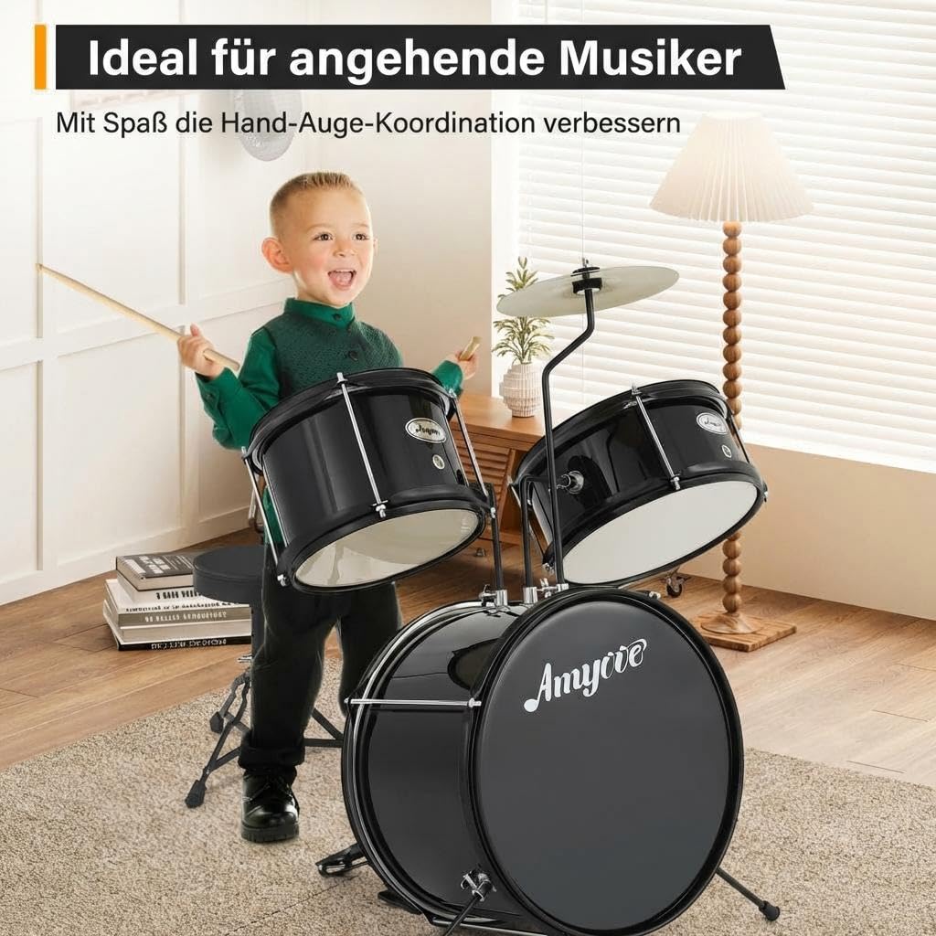 Garvee Kinder Schlagzeug Set 3-teilig – Komplettes Junior Percussion Kit aus Holz/Metall mit Bassdrum, 2 Marken-Markenfreie Schuhe Schuhe, 8" Becken, Hocker, Sticks & Basspedal – Perfekt für