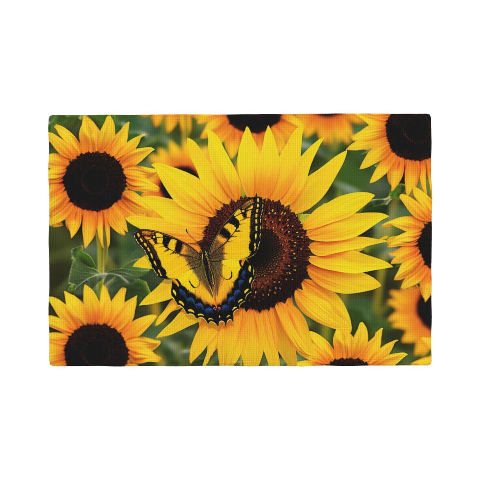 Butterfly Blooming Sunflower Plants Flowers Print Placemats Set, Heat Resistant Washable Placemat 12x18in Table Mats for Party Kitchen Dining Table Decoration Indoor Outdoor, Six Piece
