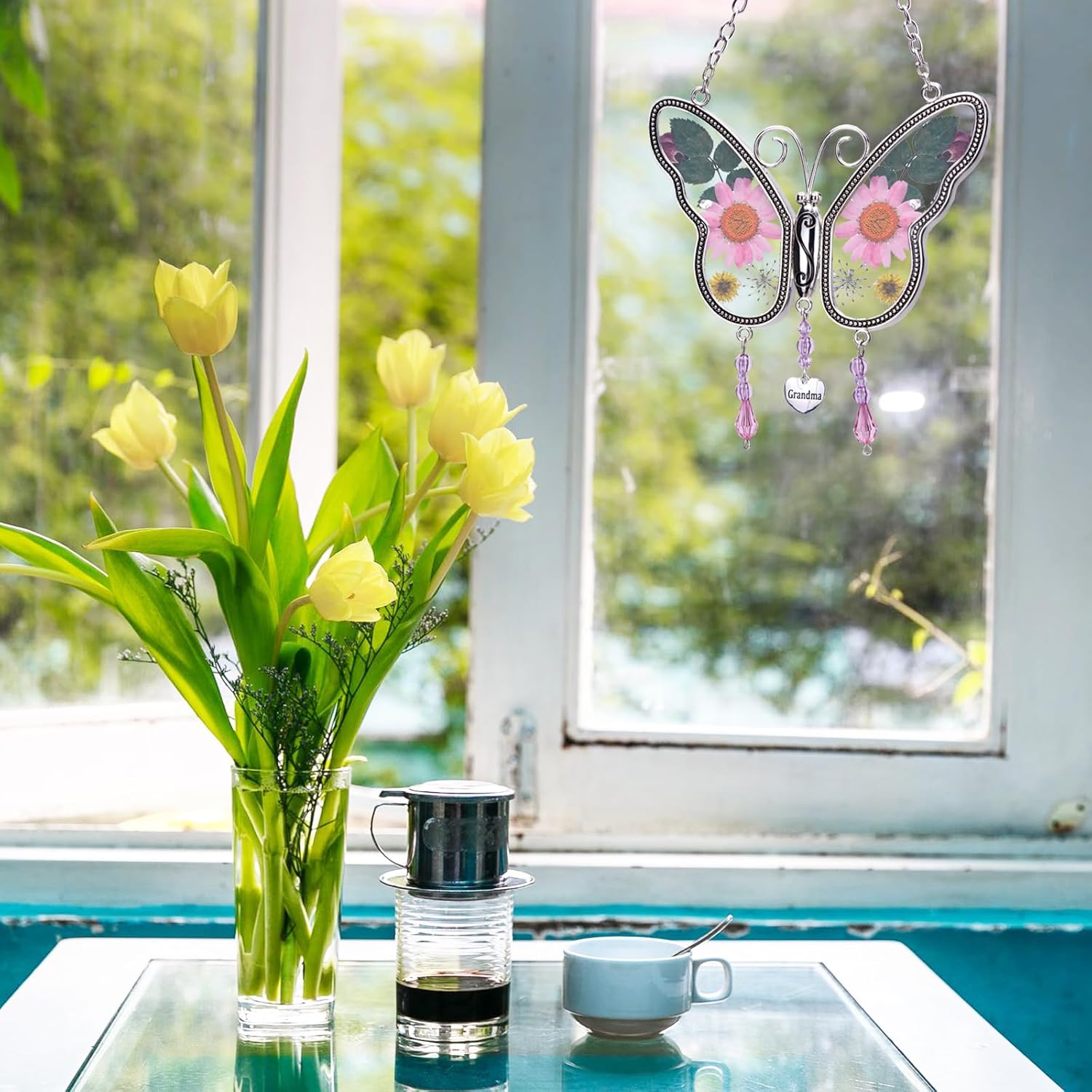 CHINMODE Butterfly Suncatcher for Grandmother with Pressed Pink Flower in Glass and Nana Heart Charm Wind Chime Gifts for Mother's Day Grandma's Birthday (Grandma) - Image 2