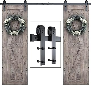 SMARTSTANDARD 8 FT Double Barn Door Hardware Kit, Sliding Door Track-Smoothly and Quietly -Includes Detailed Installation Fit 24" Wide Doorpanel (J Shape Hanger) Black