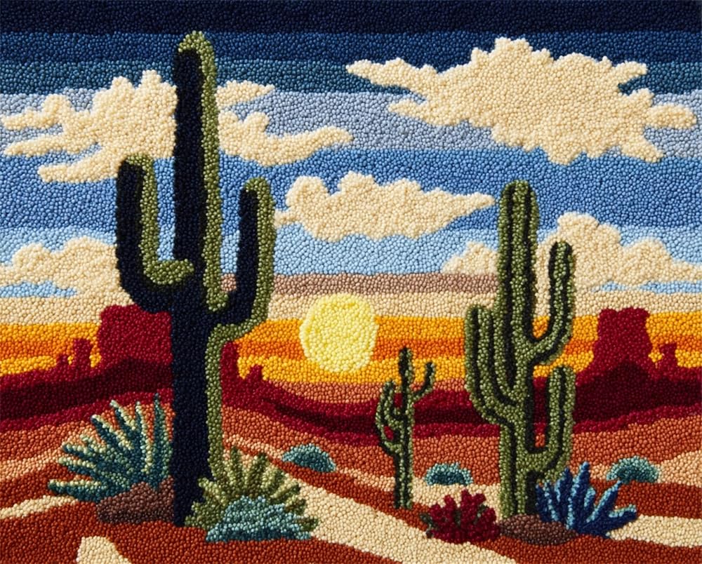 Kitquiver Rug Kits for Adults Latch Hook Printed Cactus Desert DIY Crafts Crochet Yarn Handmade Embroidery with Printed Canvas Needlework for Home Decor 39X55In