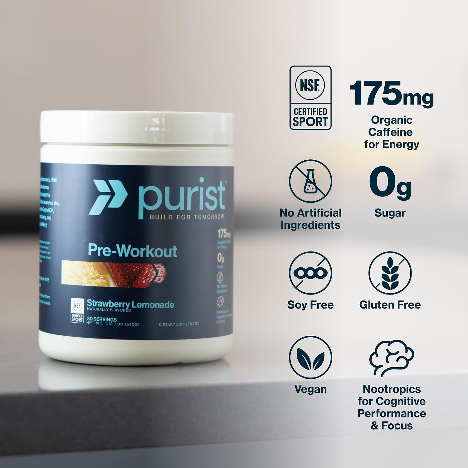PURIST Pre-Workout Powder | Citrulline, Beta Alanine, Natural Caffeine, Nootropics | Contains Stevia | Sugar Free, NSF Certified | Men & Women, Busy Parents | 30 Servings (Strawberry Lemonade)
