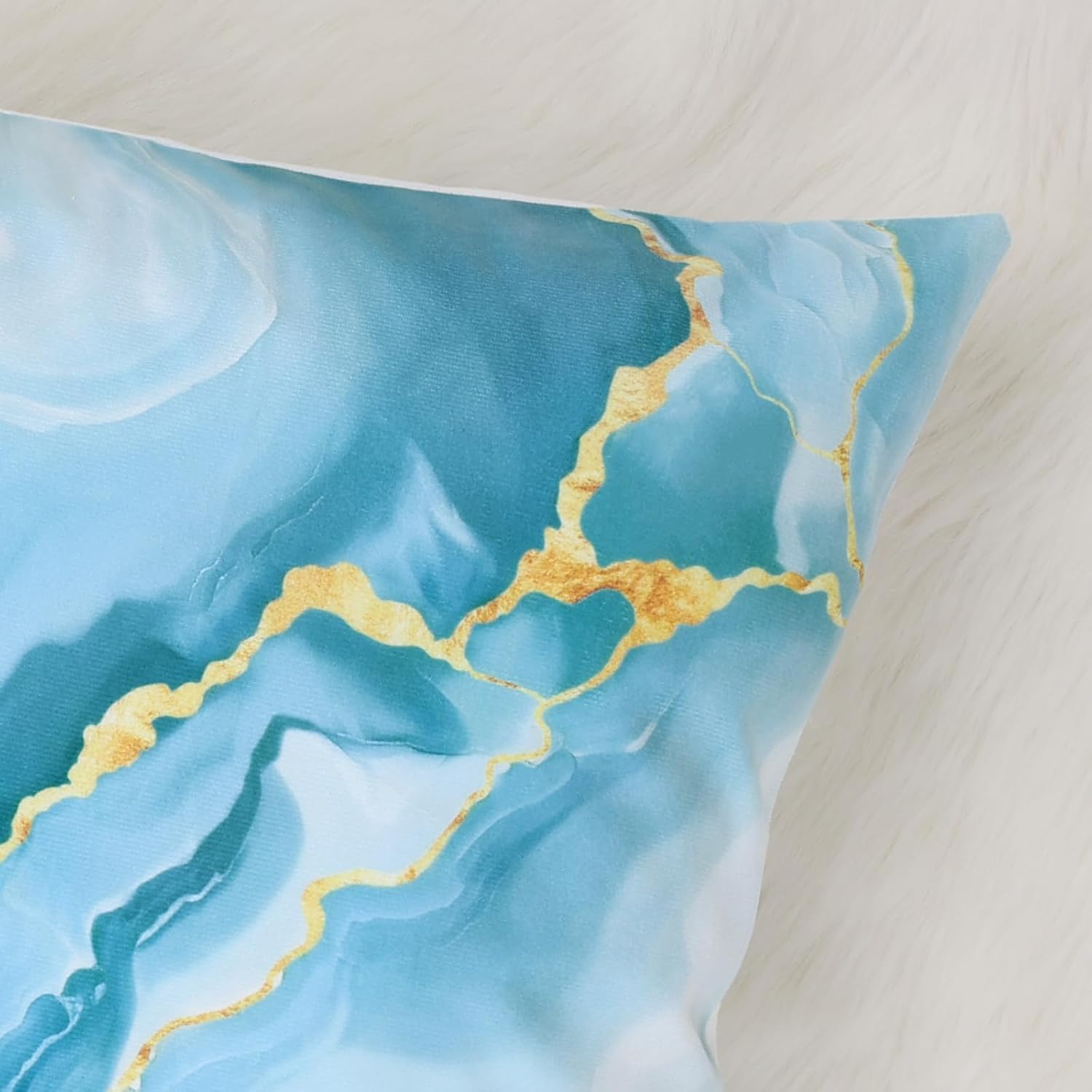 Blue Marble Throw Pillow Covers, Blue Gold Modern Abstract Velvety Decorative Pillowcases for Sofa Bed Home Patio Set of 4, 18 x 18 Inches image 4