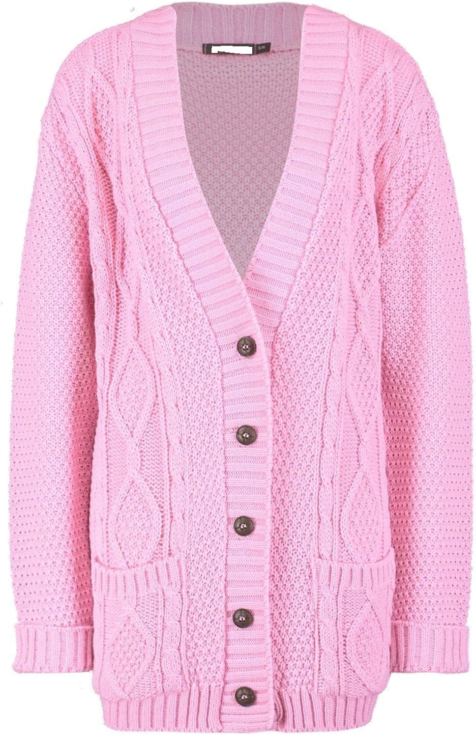 Red OlivesNew Women's Ladies Long Sleeve Button Top Chunky Aran Cable Knitted Grandad Cardigan UK 8-26