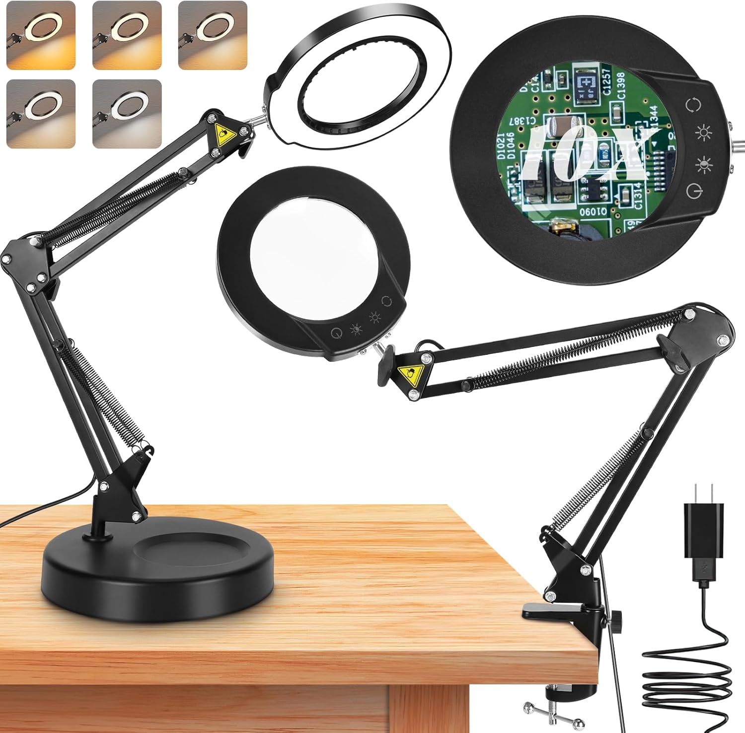 ITEFDTUTNE 10X Magnifying Glass with Light and Stand, 2-in-1 Desk Lamp with Clamp 5 Color Modes Stepless Dimmable Lamp, LED Lighted Magnifier with Light for Crafts Hobby Reading Sewing Repair Works