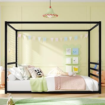 Queen Size Sunshade Floor Bed, Iron Double-Size Bed Frame, Modern Low-Profile Double-Size Bed, Equipped with Fence-Style guardrails, Black Series