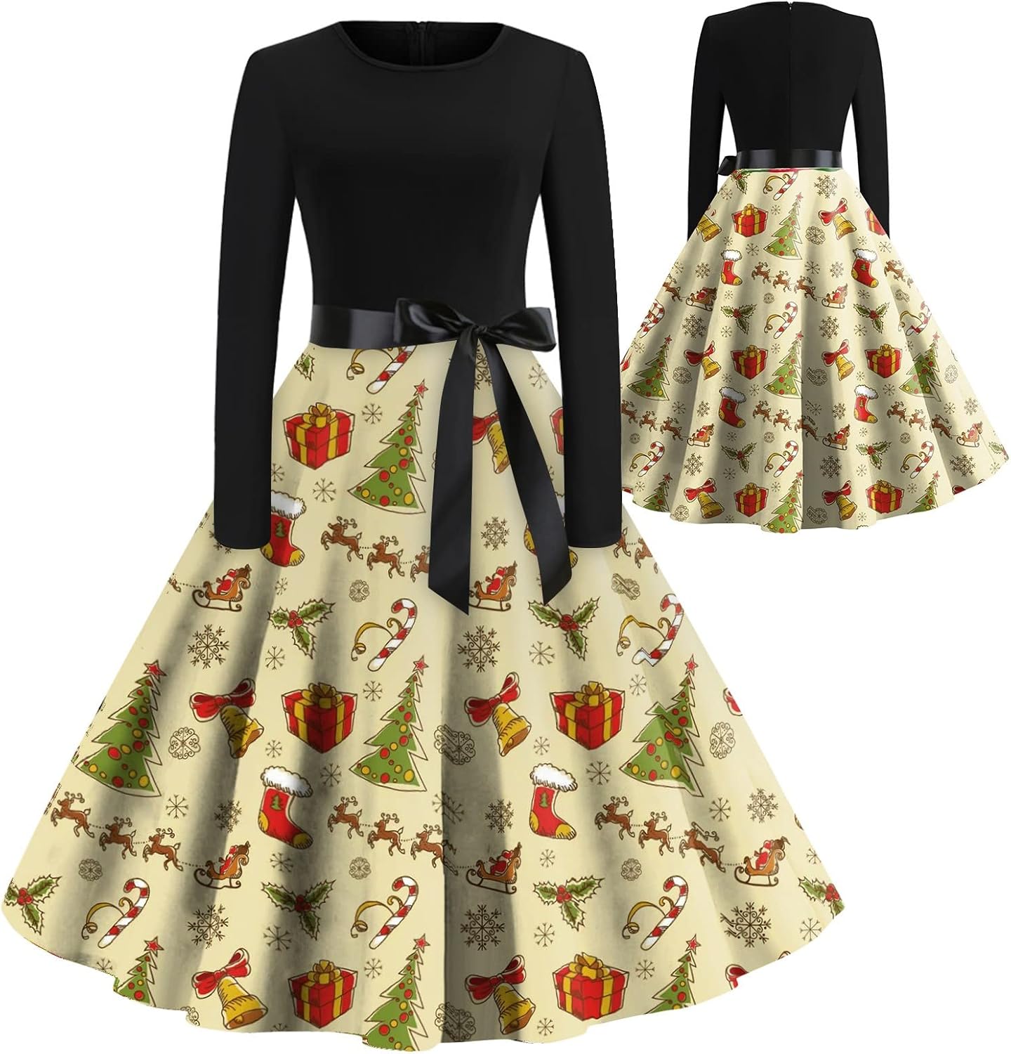 JJHAEVDY Women's Christmas Print Flare Dress 1950s Retro Vintage Cocktail Party Long Sleeve Swing Dress : Sports & Outdoors