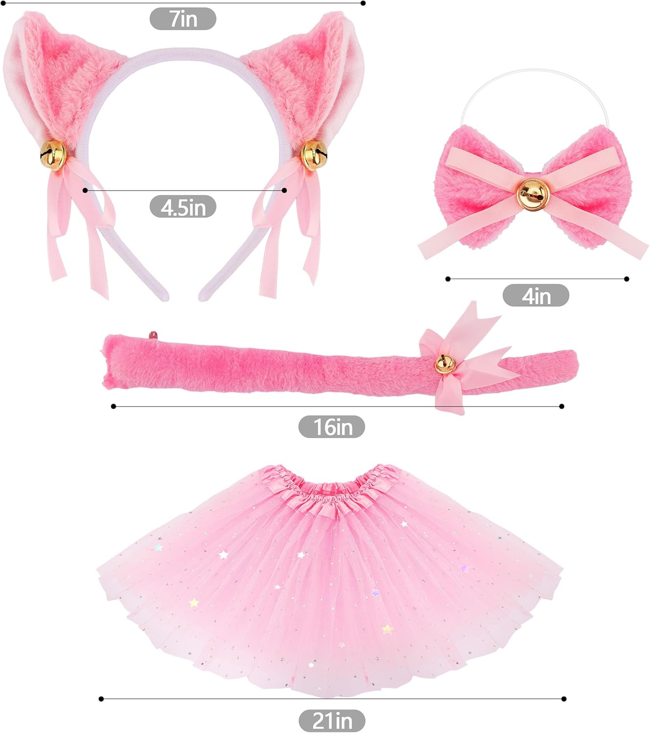 Bell Cat Costume 4pc Set Plush Ear Headband Bow Tie Tail Skirt Fancy Dress Halloween Circus Animal Role Play Outfit - Image 7