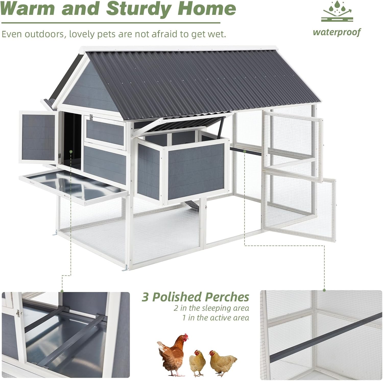 AECOJOY 84" Large Chicken Coop 8-10 Chickens, Chicken Coop with Run, Outdoor Hen Fence Poultry Pet Hutch Run Cage w/Waterproof Roof, Ramp, 2 Large Nesting Box, Wire Fence for Backyard, Grey