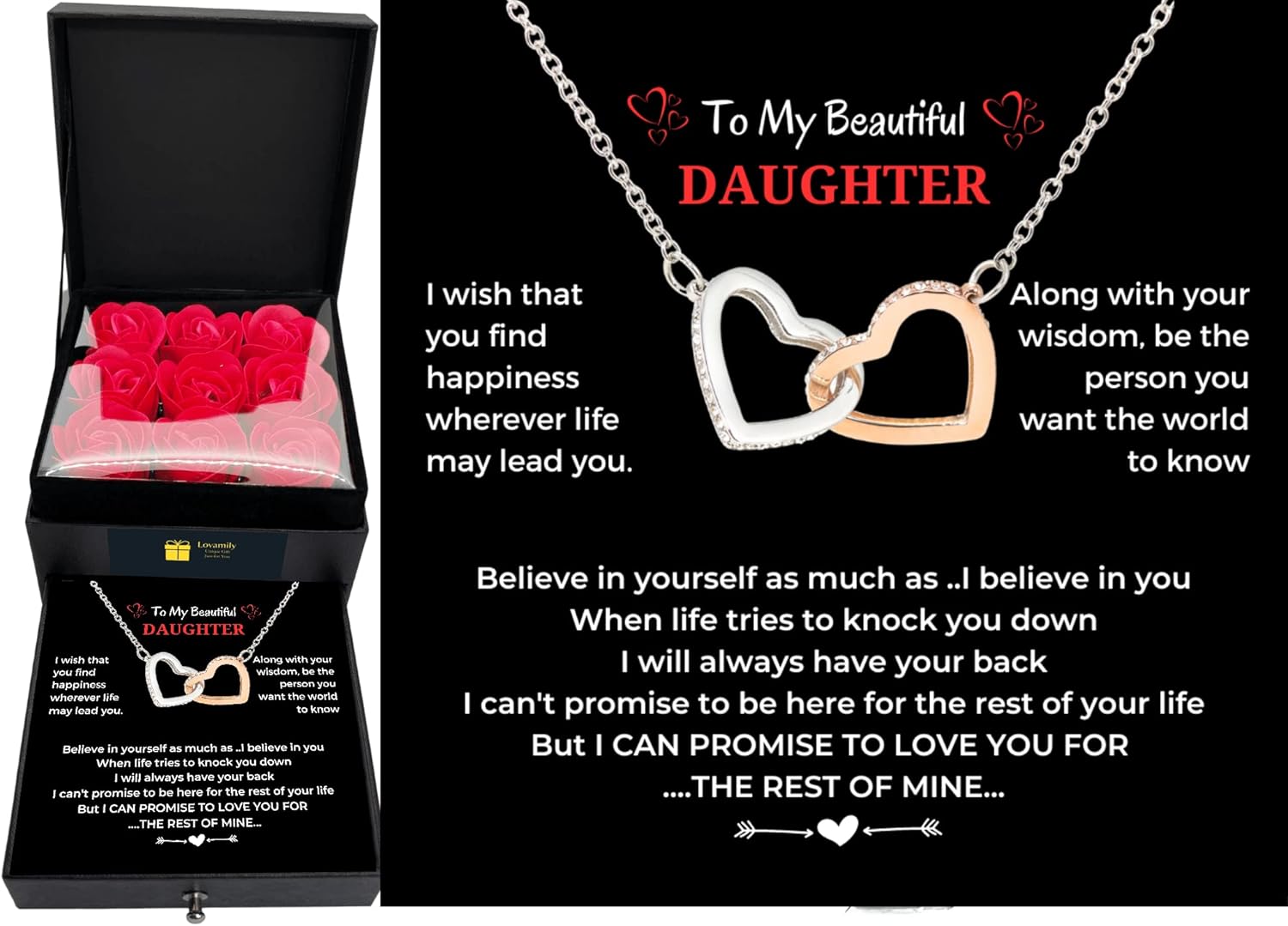 Daughter Necklace Gift from Mom Dad Interlock Heart Pendant with Message Card in Red Eternity Rose Flower Box Present on Birthday Mother's Day Christmas Graduation Mother Father